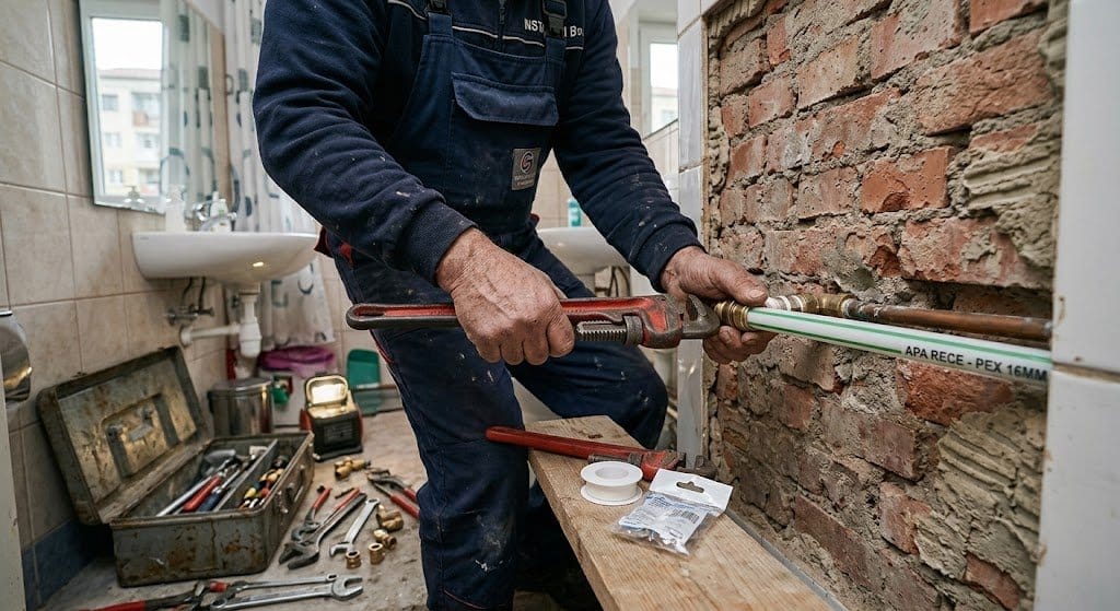 manoperă instalator în Brașov, instalator care schimbă o țeavă de pexal